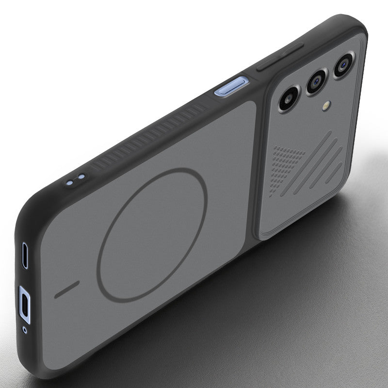 Angled view of Black mobile case for Samsung F17 5G  with proper charging port cutout, speaker holes and strong corner protection.