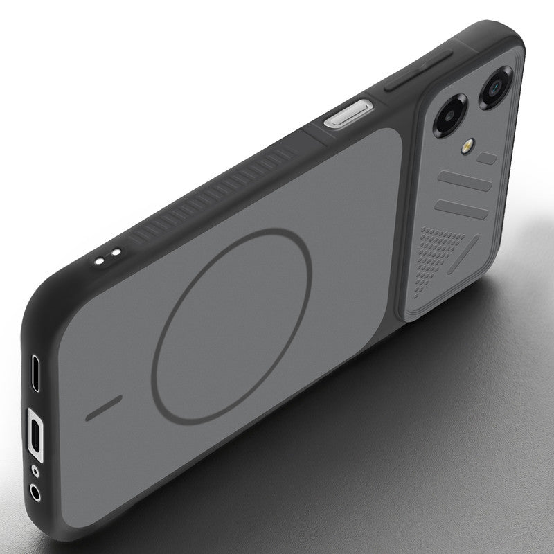 Angled view of Black mobile case for Samsung F70e 5G with proper charging port cutout, speaker holes and strong corner protection.
