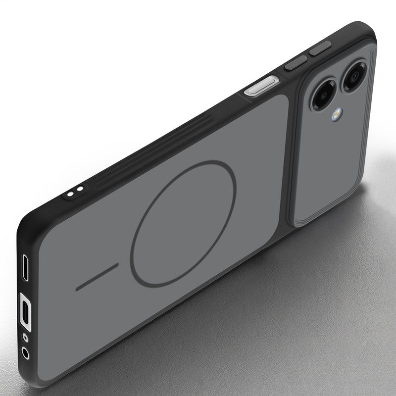 Slim silicone Black phone case for Samsung M07 side angle view showing grip texture and precise cutouts