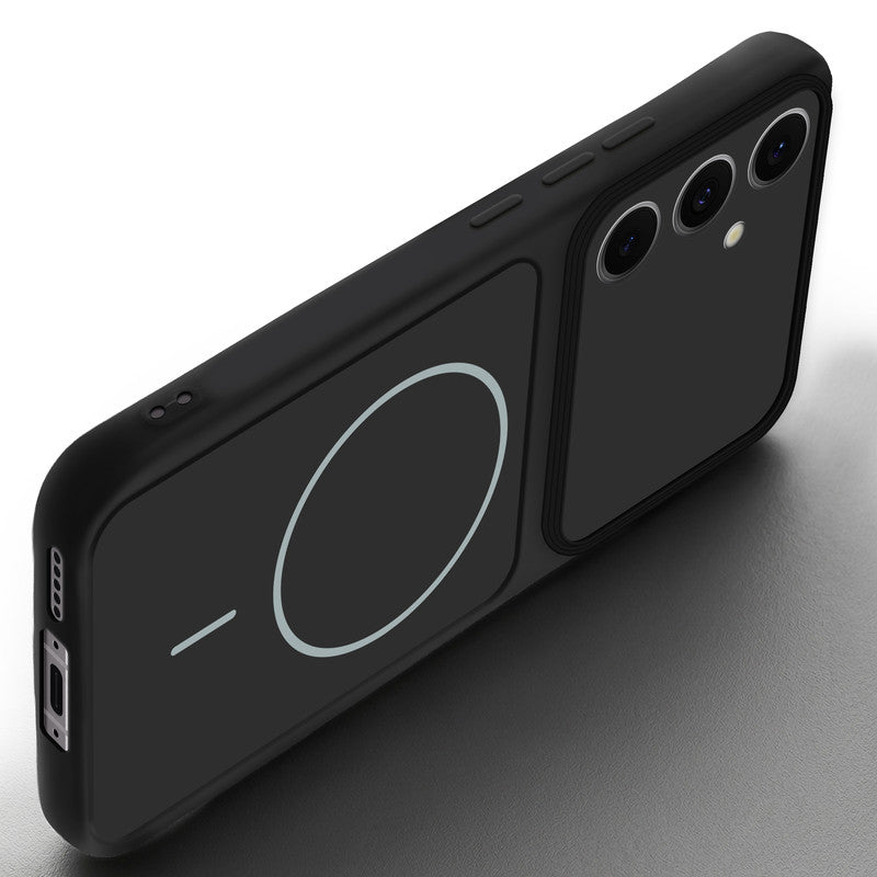 Angled view of Black mobile case for Samsung S24 FE 5G with proper charging port cutout, speaker holes and strong corner protection.