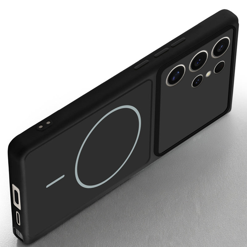 Angled view of Black mobile case for Samsung S24 Ultra 5G with proper charging port cutout, speaker holes and strong corner protection.