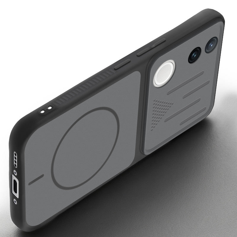 Angled view of Black mobile case for Vivo T4R 5G with proper charging port cutout, speaker holes and strong corner protection.