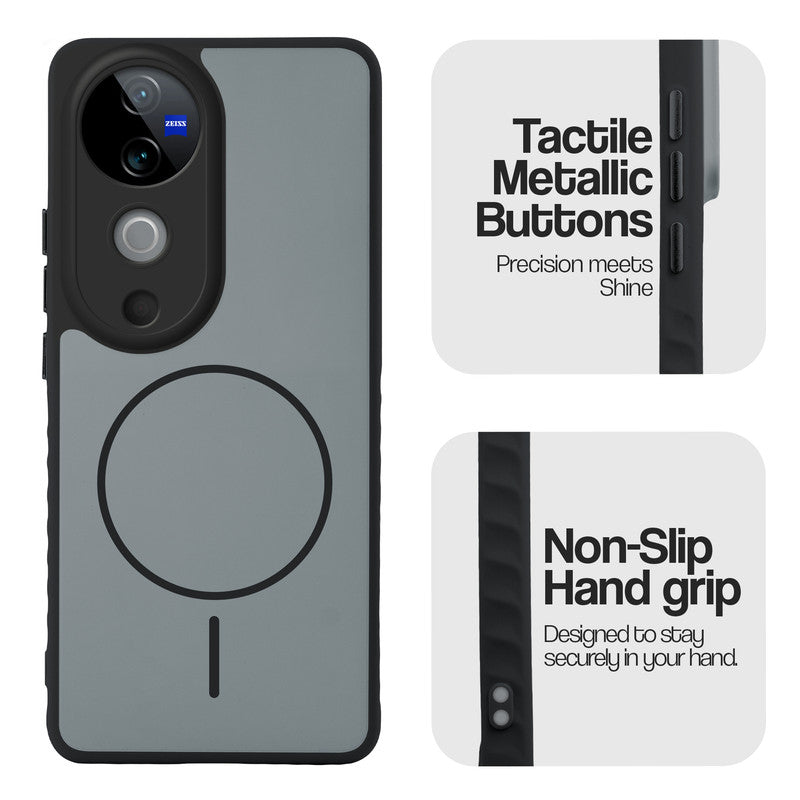 Matte Silicone Dual Color Back Cover with Metal Buttons & Ring Design for Vivo V40 5G