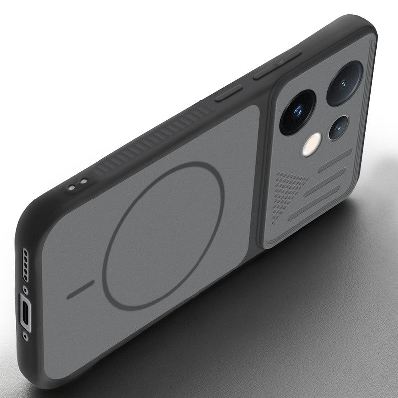 Angled view of Black mobile case for Vivo V60 5G with proper charging port cutout, speaker holes and strong corner protection.