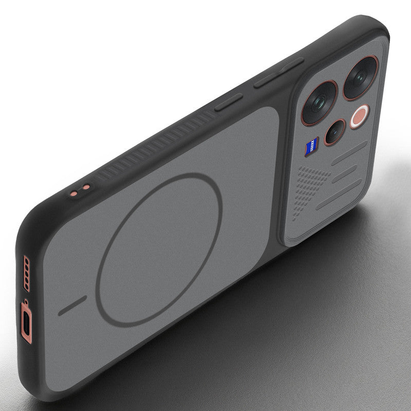 Angled view of Black mobile case for Vivo V70 5G with proper charging port cutout, speaker holes and strong corner protection.