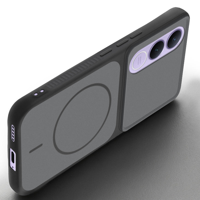 Angled view of Black mobile case for Vivo V70 FE 5G with proper charging port cutout, speaker holes and strong corner protection.
