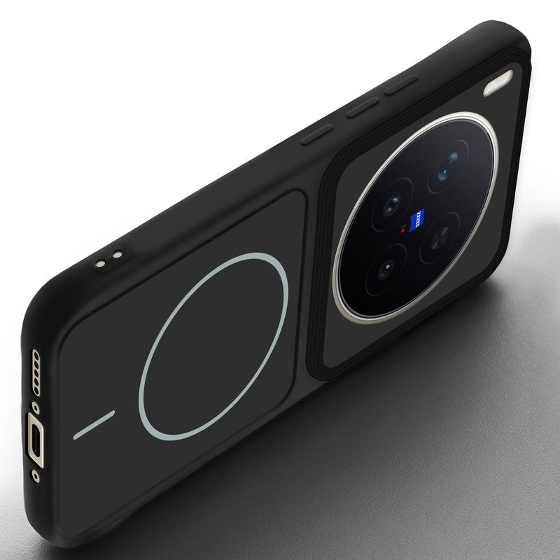 Angled view of Black mobile case for Vivo X300 Pro 5G with proper charging port cutout, speaker holes and strong corner protection.