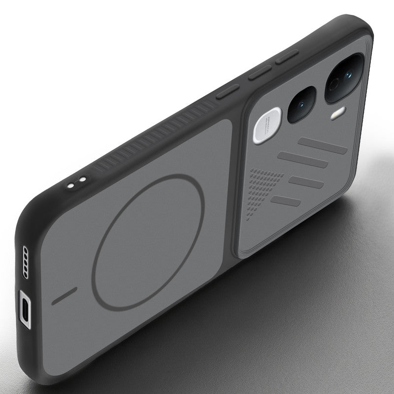Angled view of Black mobile case for Vivo Y400 Pro 5G with proper charging port cutout, speaker holes and strong corner protection.