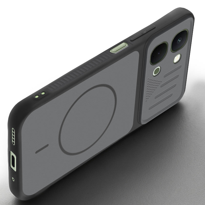 Angled view of Black mobile case for Vivo Y51 Pro 5G with proper charging port cutout, speaker holes and strong corner protection.