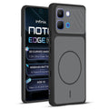 Front and back view of Black protective back cover for Infinix Note Edge with textured sides, camera guard and slim fit design.
