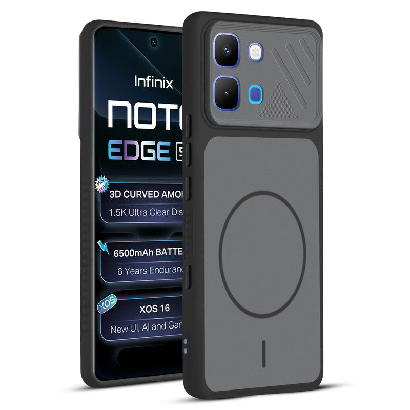 Front and back view of Black protective back cover for Infinix Note Edge with textured sides, camera guard and slim fit design.
