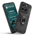 Front and back view of Motorola G37 5G fitted with a protective case and ring grip