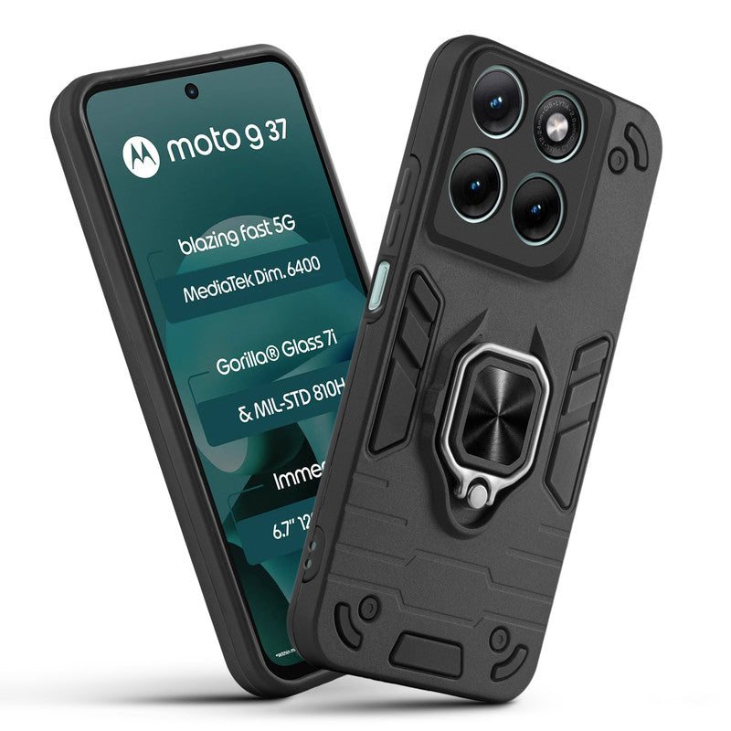 Front and back view of Motorola G37 5G fitted with a protective case and ring grip