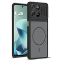 Front and back view of Black protective back cover for Motorola G57 Power 5G with textured sides, camera guard and slim fit design.
