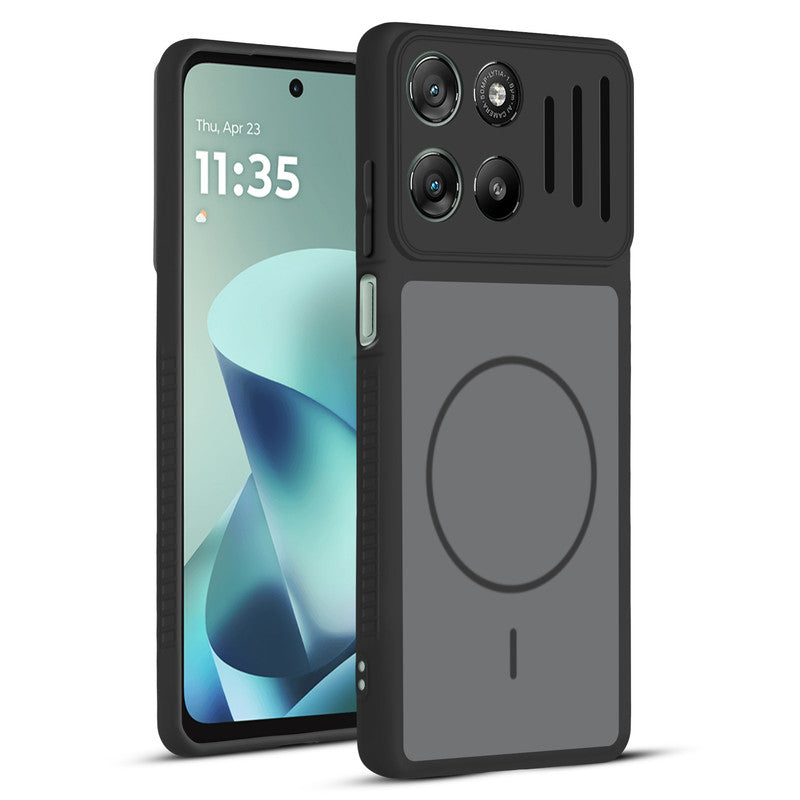 Front and back view of Black protective back cover for Motorola G57 Power 5G with textured sides, camera guard and slim fit design.