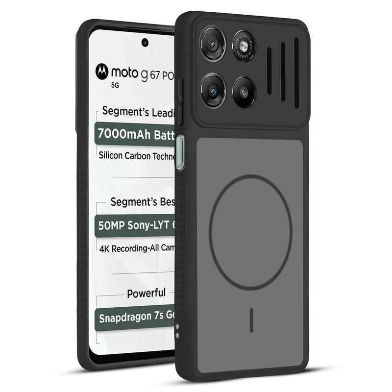 Front and back view of Black protective back cover for Motorola G67 Power 5G with textured sides, camera guard and slim fit design.