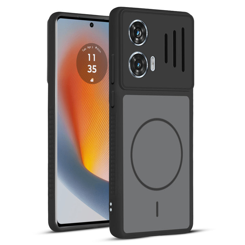 Front and back view of Black protective back cover for Motorola Moto Edge 50 Fusion 5G with textured sides, camera guard and slim fit design.