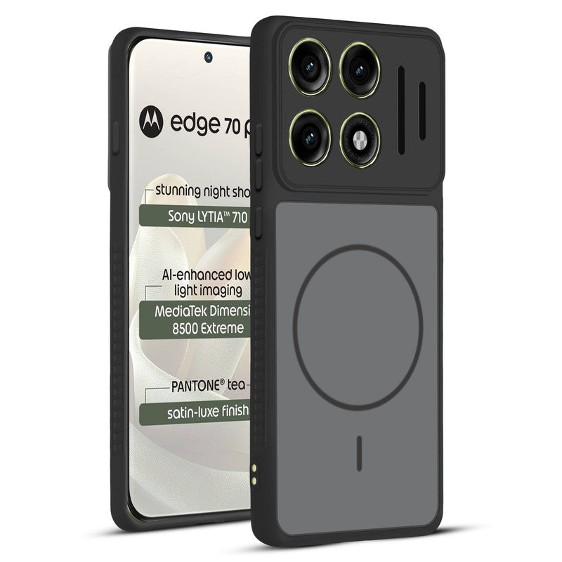 Front and back view of Black protective back cover for Motorola Moto Edge 70 Pro 5G with textured sides, camera guard and slim fit design.