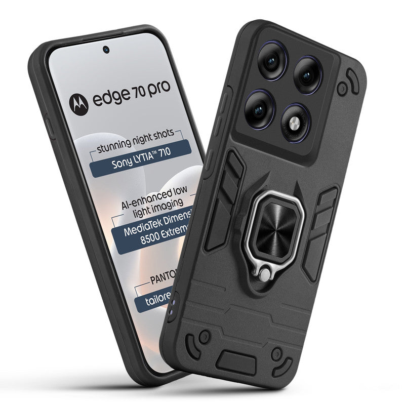 Front and back view of Motorola Moto Edge 70 Pro 5G fitted with a protective case and ring grip