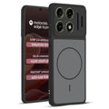 Front and back view of Black protective back cover for Motorola Moto Edge 70 Pro Plus 5G with textured sides, camera guard and slim fit design.