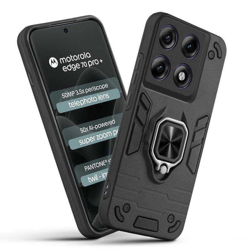 Front and back view of Motorola Moto Edge 70 Pro Plus 5G fitted with a protective case and ring grip