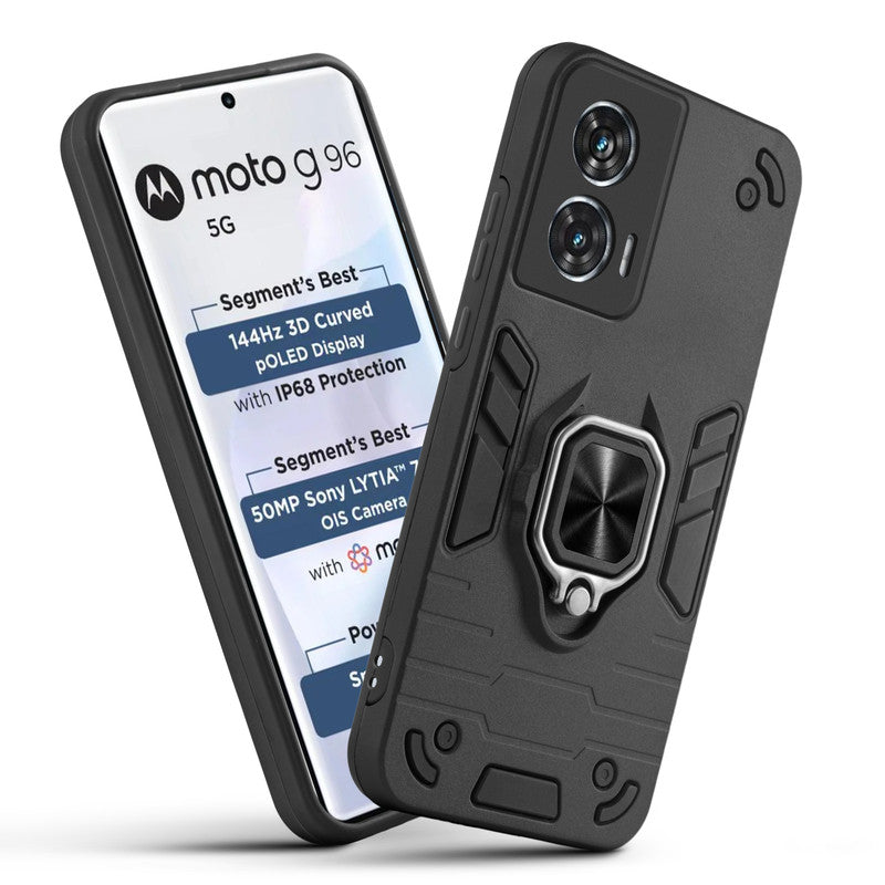 Front and back view of Motorola Moto G96 5G fitted with a protective case and ring grip