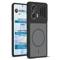 Front and back view of Black protective back cover for Motorola Moto G96 5G with textured sides, camera guard and slim fit design.