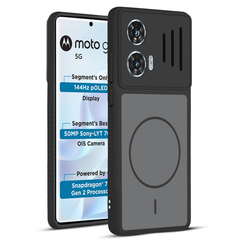 Front and back view of Black protective back cover for Motorola Moto G96 5G with textured sides, camera guard and slim fit design.