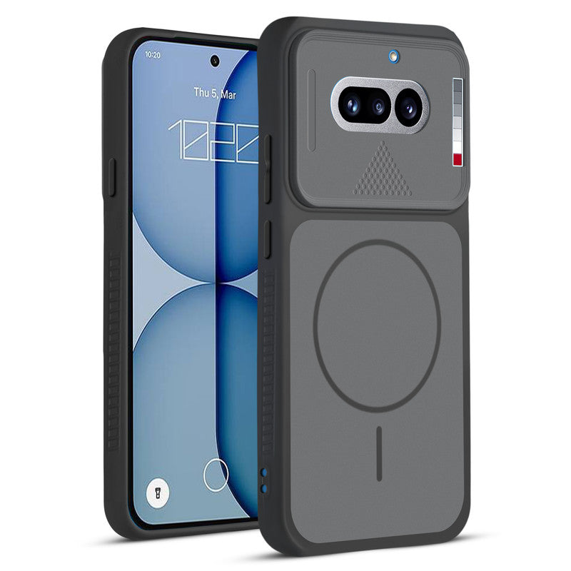 Front and back view of Black protective back cover for Nothing Phone 4A 5G with textured sides, camera guard and slim fit design.