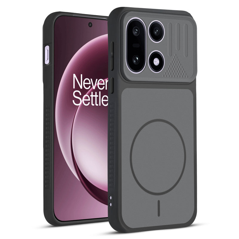 Front and back view of Black protective back cover for OnePlus 15 5G with textured sides, camera guard and slim fit design.
