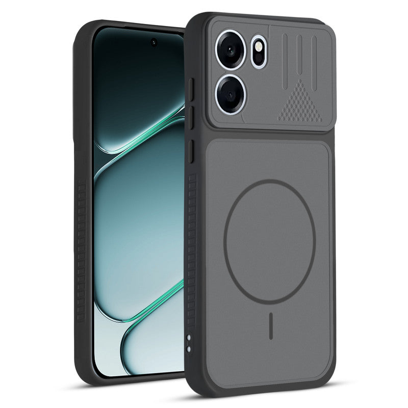 Front and back view of Black protective back cover for OnePlus Nord CE 6 5G with textured sides, camera guard and slim fit design.