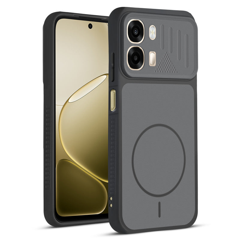 Front and back view of Black protective back cover for Oppo A6 Pro 5G with textured sides, camera guard and slim fit design.