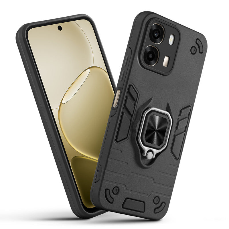 Front and back view of Oppo A6 Pro 5G fitted with a protective case and ring grip