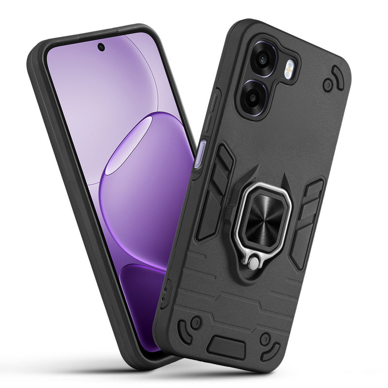 Front and back view of Oppo A6x 5G fitted with a protective case and ring grip
