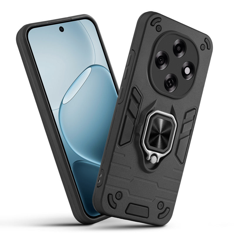 Front and back view of Oppo F31 Pro 5G fitted with a protective case and ring grip