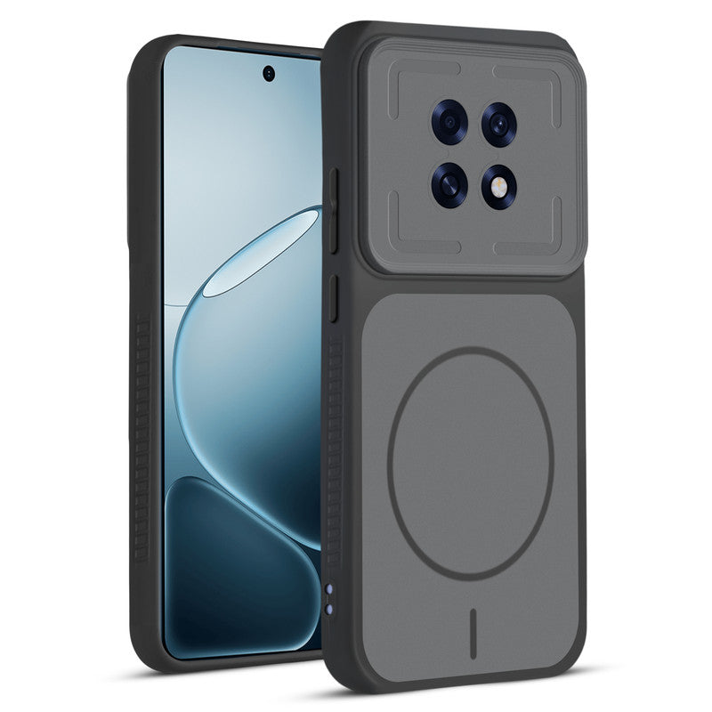 Front and back view of Black protective back cover for Oppo F31 Pro Plus 5G with textured sides, camera guard and slim fit design.