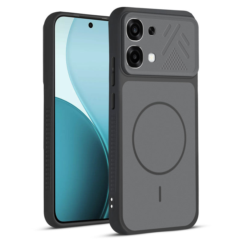 Front and back view of Black protective back cover for Oppo F33 5G with textured sides, camera guard and slim fit design.