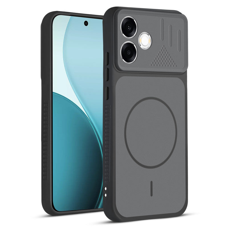 Front and back view of Black protective back cover for Oppo F33 Pro 5G with textured sides, camera guard and slim fit design.