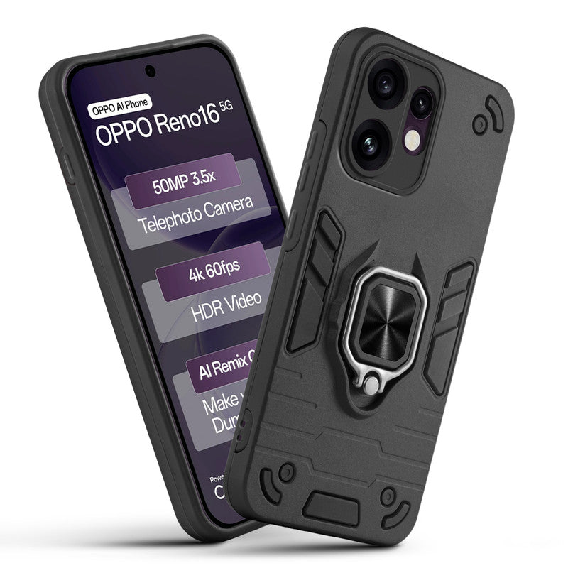 Front and back view of Oppo Reno 16 5G fitted with a protective case and ring grip