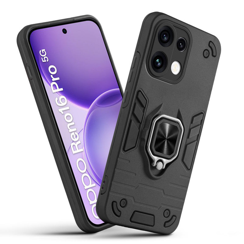 Front and back view of Oppo Reno 16 Pro 5G fitted with a protective case and ring grip