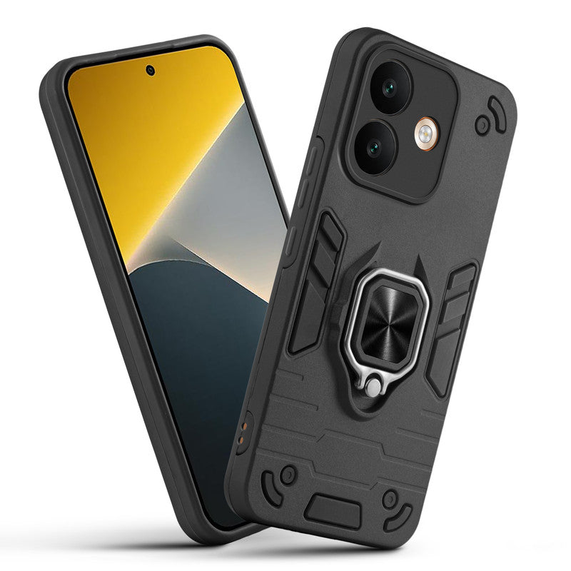 Front and back view of POCO X8 5G fitted with a protective case and ring grip
