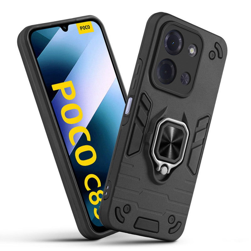 Front and back view of Poco C85 5G fitted with a protective case and ring grip