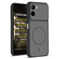 Front and back view of Black protective back cover for Poco C85x 5G with textured sides, camera guard and slim fit design.