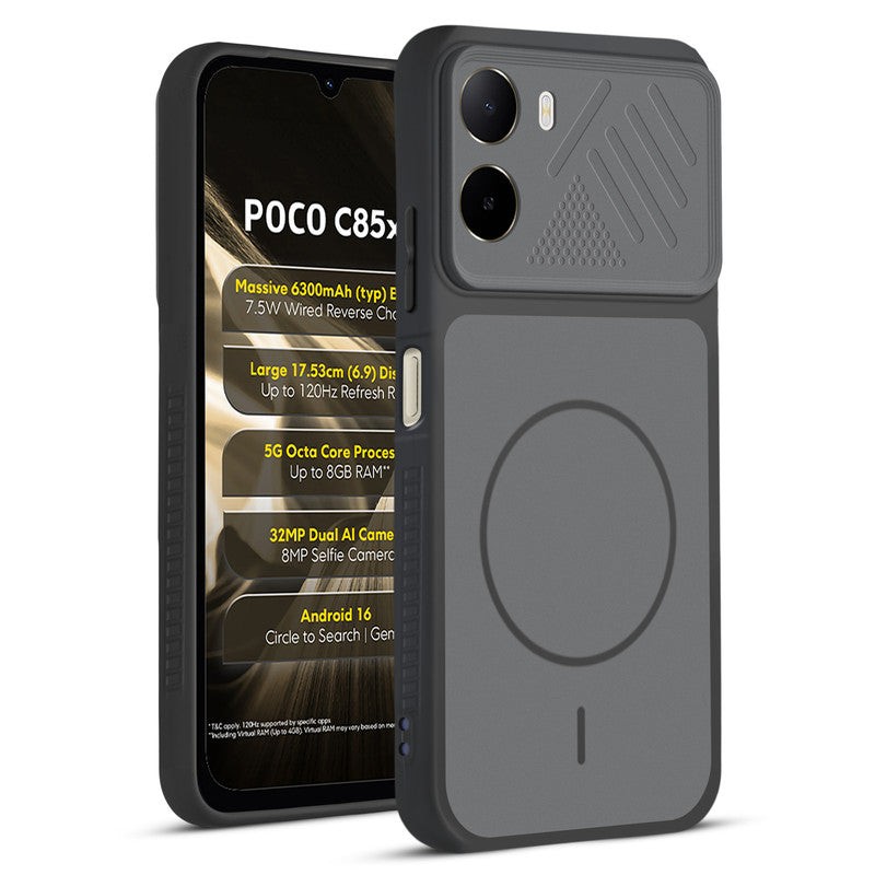 Front and back view of Black protective back cover for Poco C85x 5G with textured sides, camera guard and slim fit design.