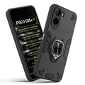 Front and back view of Poco C85x 5G fitted with a protective case and ring grip