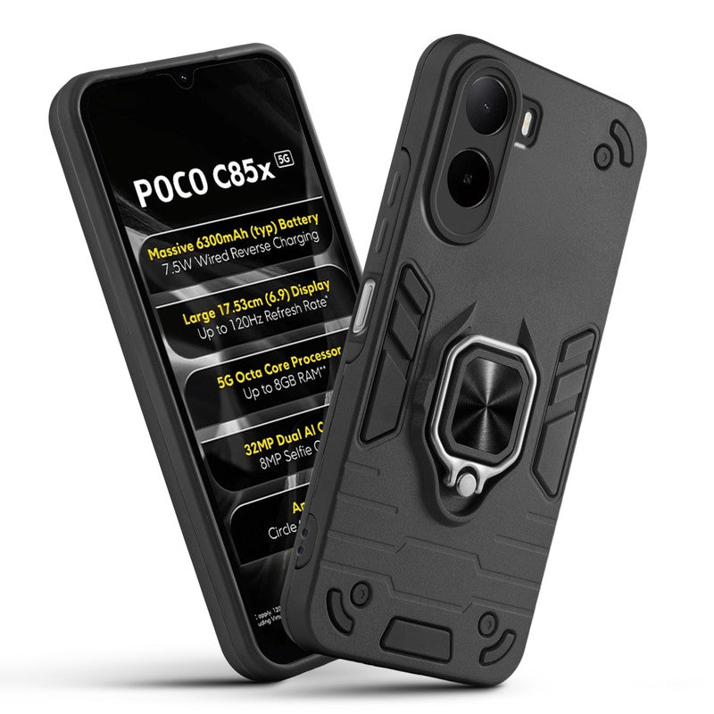 Front and back view of Poco C85x 5G fitted with a protective case and ring grip