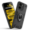 Front and back view of Poco X8 Power 5G fitted with a protective case and ring grip