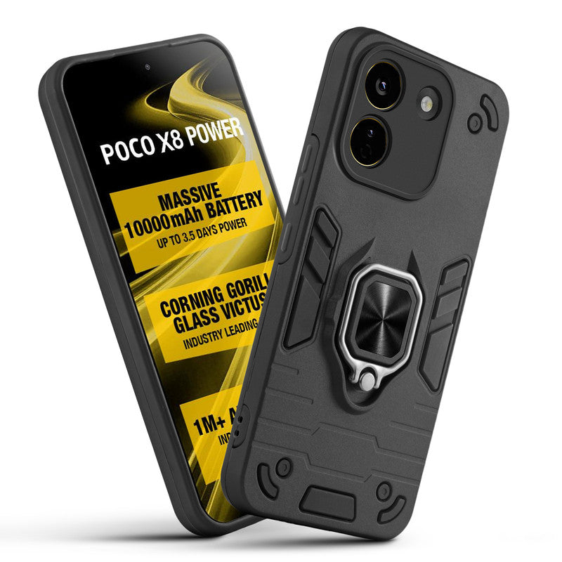 Front and back view of Poco X8 Power 5G fitted with a protective case and ring grip