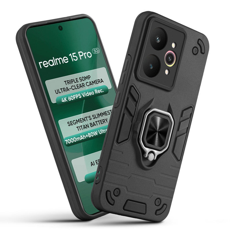 Front and back view of Realme 15 Pro 5G fitted with a protective case and ring grip