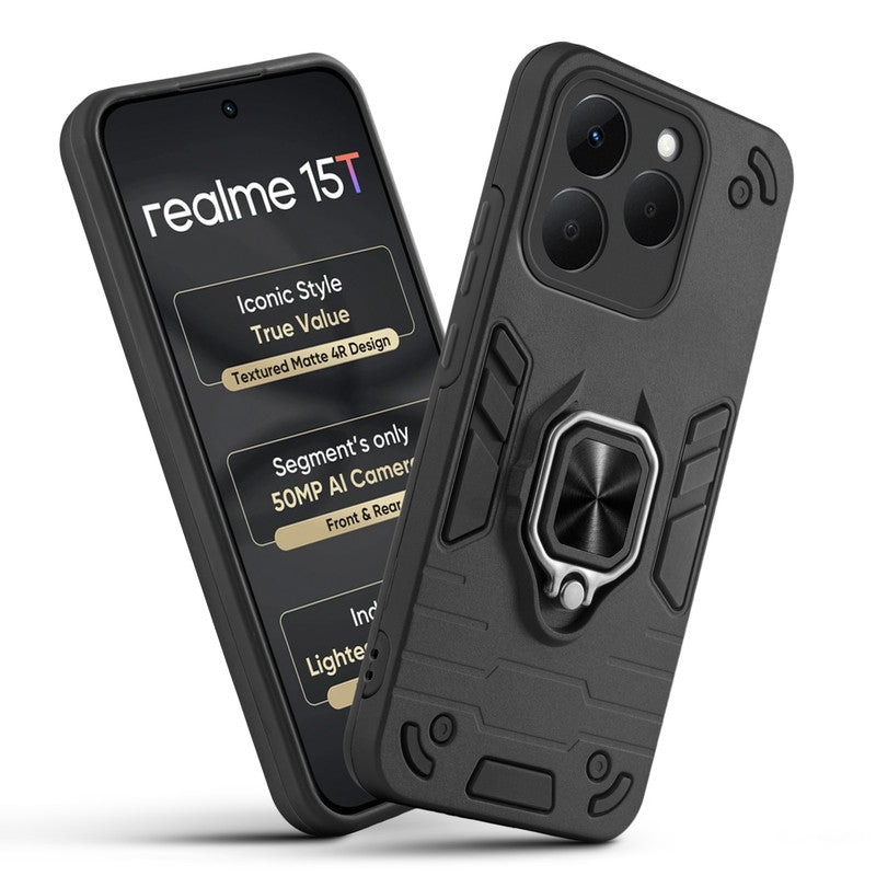 Front and back view of Realme 15T 5G fitted with a protective case and ring grip